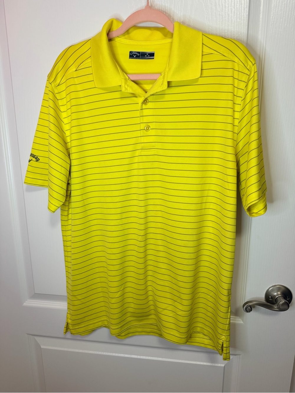 Callaway Men’s Bright Yellow Polo with Thin Navy Stripes